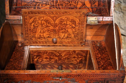 Curiosities  - 16th C. Venetian Cedar Engraved Casket With Secrets