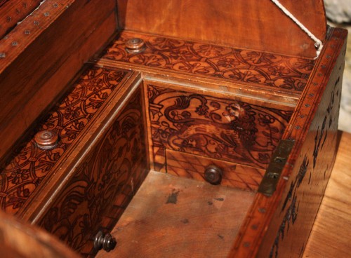 16th C. Venetian Cedar Engraved Casket With Secrets - 