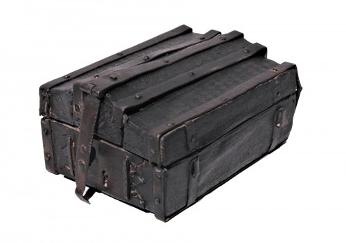 A French 15th c. leather and iron banded casket