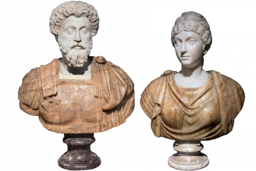 Paire de bustes en marbre blanc et albâtre, Rome XVIIe siecle