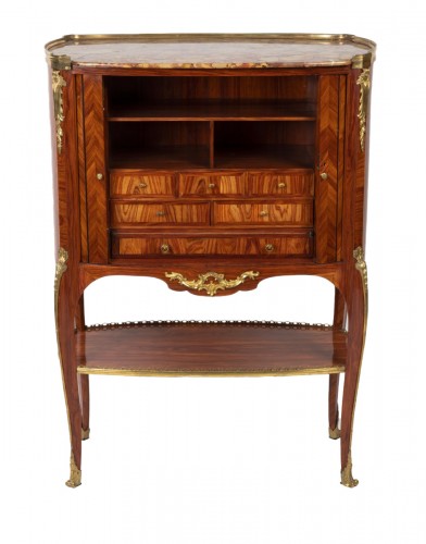 A Louis XV/XVI transitional ormolu mounted tulipwood secretaire by RVLC