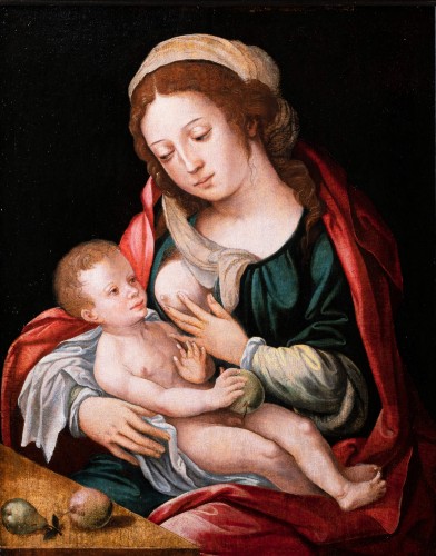 Vierge à l’enfant, atelier du Maitre au Perroquet, Anvers XVIe siècle - Tableaux et dessins Style Renaissance