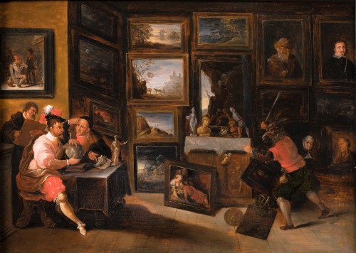 Donkey bursting into collector&#039;s cabinet, F. Francken workshop