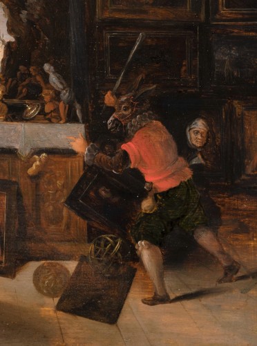 Tableaux et dessins Tableaux XVIIe siècle - Irruption de l’âne iconoclaste dans un cabinet d’amateur, atelier de F. Francken