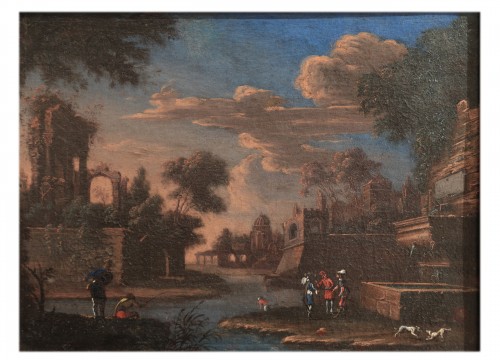 Paysage animé - École italienne de la  fin du 17e siècle - Tableaux et dessins Style Louis XIV