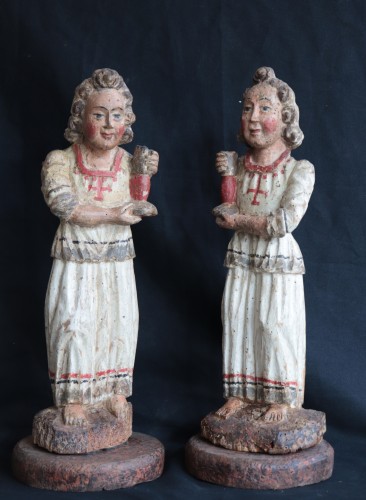 Pair of angels in Polychrome wood, Siena 15th century - Sculpture Style Renaissance
