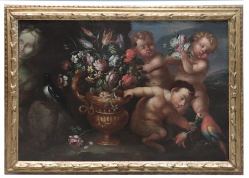 Nature morte aux putti et aux fleurs, Rome fin du 17e siècle