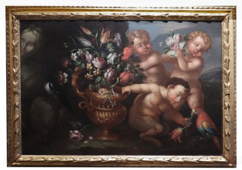 Still Life With Putti And Flowers, Rome Late 17th Century