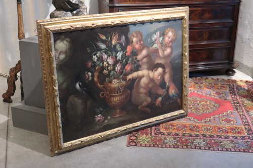 17th century - Still Life With Putti And Flowers, Rome Late 17th Century