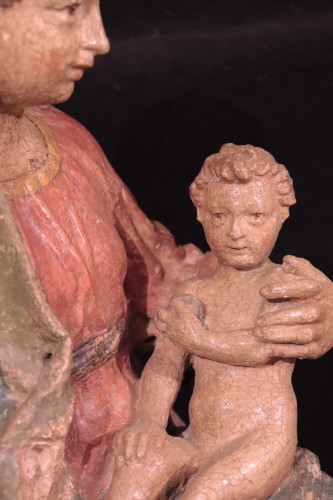 Antiquités - Polychrome stucco sculpture: Virgin and the child, Siena, 15th century