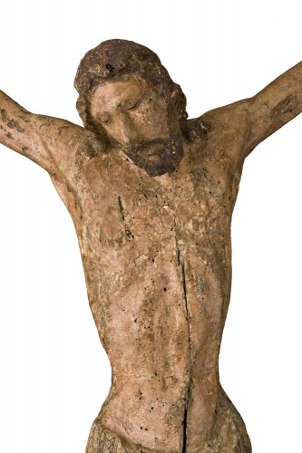 Grand Christ en bois polychromie originale, Toscane XIIIe siècle - Sculpture Style Moyen Âge