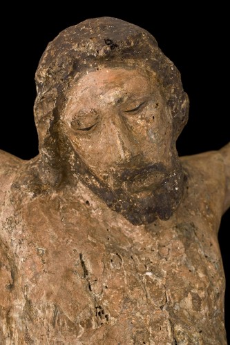 Antiquités - Grand Christ en bois polychromie originale, Toscane XIIIe siècle