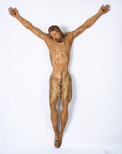 Antiquités - Grand Christ en bois polychromie originale, Toscane XIIIe siècle