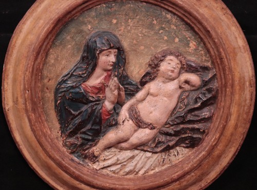 Polychrome High Relief Stucco - Madonna With Child, Florence, 17 Century - Sculpture Style Renaissance