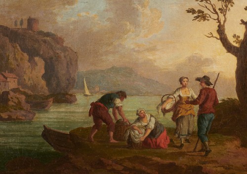 Paysage lacustre animé de personnages, XVIIIe