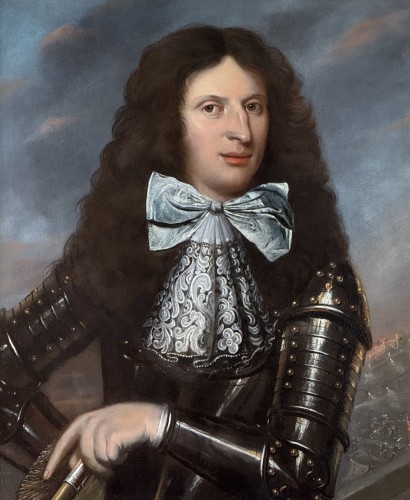 King  william iii in armour, a battle in the distance-french school c.1680