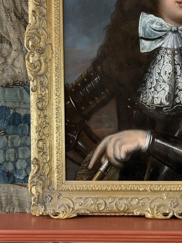 King  william iii in armour, a battle in the distance-french school c.1680 - 