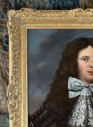 King  william iii in armour, a battle in the distance-french school c.1680 - 