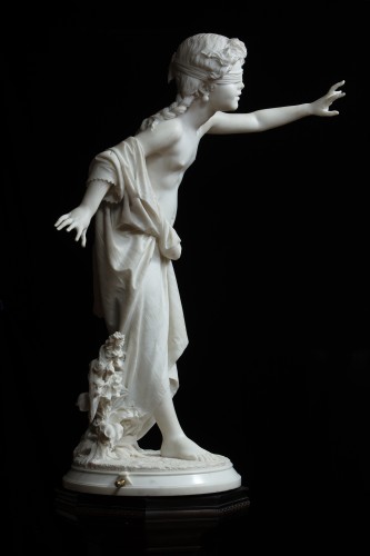 Mouche aveugle, marbre blanc statuaire de Francesco Barzaghi (1839-1892) - Sculpture Style Napoléon III