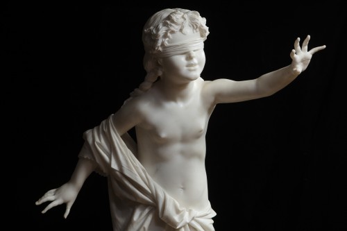 XIXe siècle - Mouche aveugle, marbre blanc statuaire de Francesco Barzaghi (1839-1892)