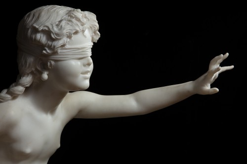 Antiquités - Mouche aveugle, marbre blanc statuaire de Francesco Barzaghi (1839-1892)