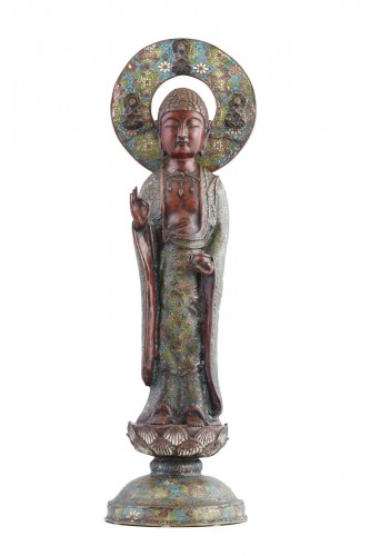 Grand Bouddha debout en bronze et émaux cloisonnés, Chine fin 19e