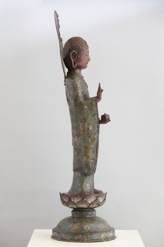 Grand Bouddha debout en bronze et émaux cloisonnés, Chine fin 19e - 