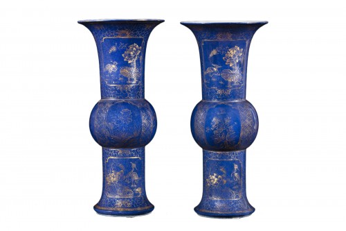 Pair Of porcelain Vases On A Blue Background, China Kangxi Period (1661-1722)