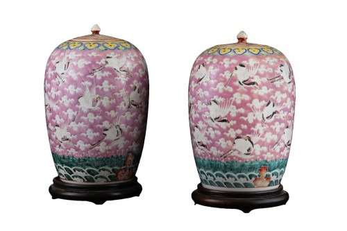 Pair Of China Family Rose Porcelain Vases