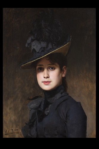 Italo Nunes Vais (1860 - 1932) - Jeune fille aux vêtements élégants avec un chapeau - Tableaux et dessins Style Napoléon III