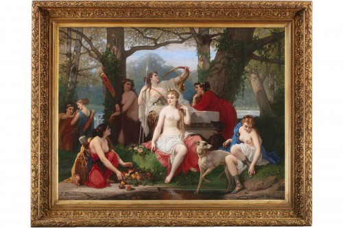 Louis Devedeux (1820-1874) - Diane Déesse de la Chasse entourée de ses serviteurs dans une forêt