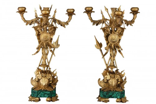 Pair Of Gilded And Chiselled Bronze Candelabra With Three Arms