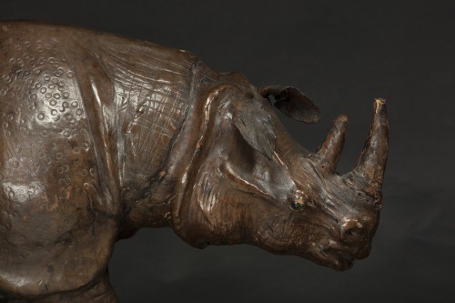 Pair Of Rhinoceros With Glass Eyes in papier mache covered with leather - 