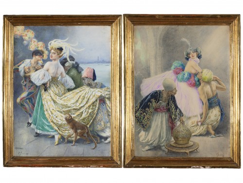 Cesare Saccaggi (1868 - 1934)  - Paire d'aquarelles orientalistes