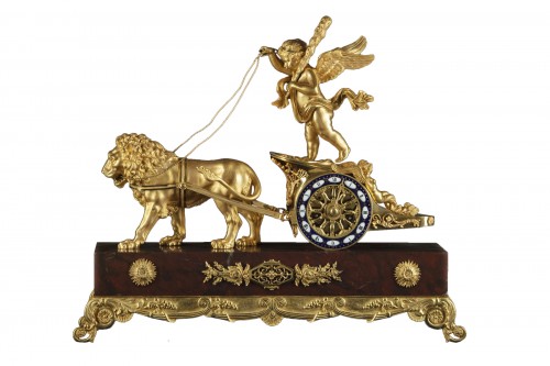 Chariot Clock Pulled By A Lion Signed Leroy In Paris