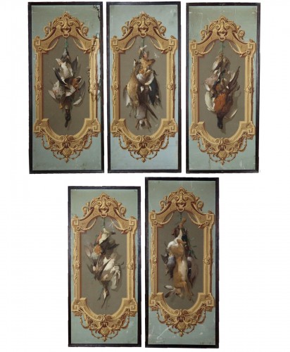 Suite de cinq panneaux décor de papier peint, manufacture Bezault Paris vers 1865