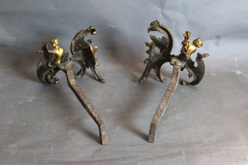 Antiquités - Chenets en bronze doré époque XVIIIe siècle