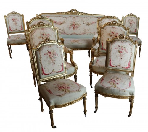 Napoleon III salon set in gilded wood and Aubusson tapestry