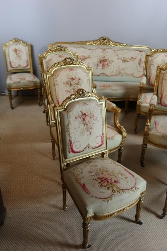 Napoléon III - Napoleon III salon set in gilded wood and Aubusson tapestry