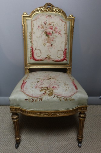 Antiquités - Napoleon III salon set in gilded wood and Aubusson tapestry