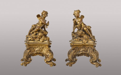 Paire de chenets en bronze doré - Epoque Louis XIV - Objet de décoration Style Louis XIV