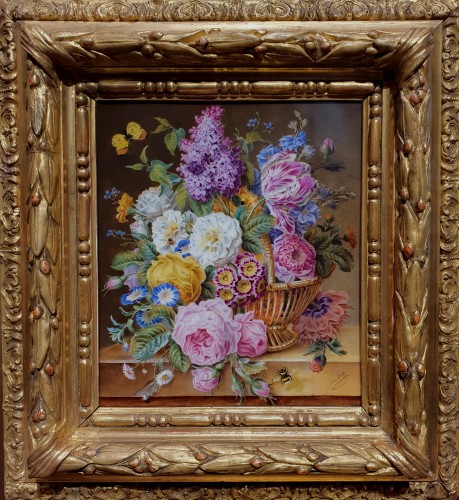 Bouquet de fleurs peint sur porcelaine signé Elisa Bard daté 1850