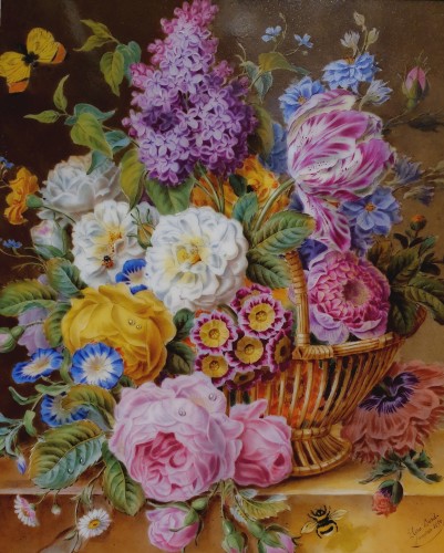 Bouquet de fleurs peint sur porcelaine signé Elisa Bard daté 1850 - Céramiques, Porcelaines Style 
