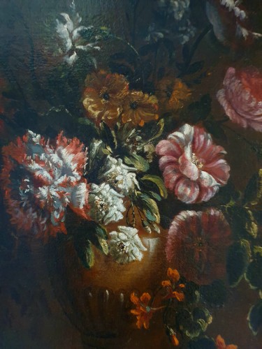 bunch of flowers on a marble table - Italy - XVIIth century - Paintings & Drawings Style 