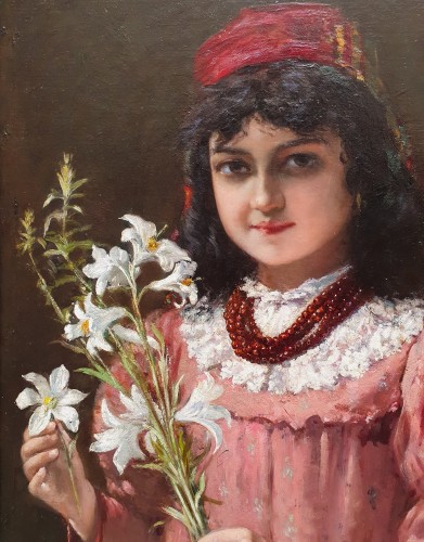 Young girl with lilies - XIXth century - Paintings & Drawings Style 