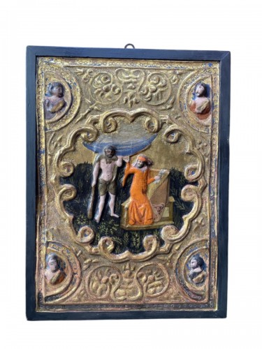 Painted, gilded and stuccoed cassone side panel, Tuscany 15th century 