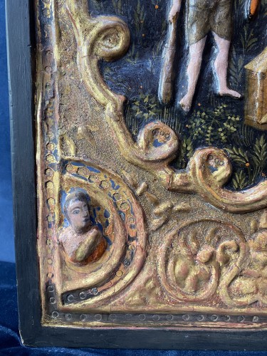 Painted, gilded and stuccoed cassone side panel, Tuscany 15th century  - Decorative Objects Style Renaissance