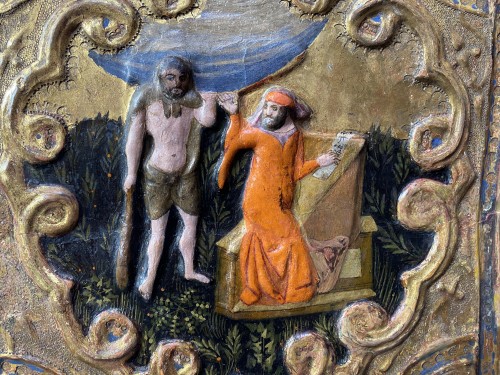 Painted, gilded and stuccoed cassone side panel, Tuscany 15th century  - 