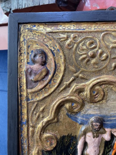 11th to 15th century - Painted, gilded and stuccoed cassone side panel, Tuscany 15th century 