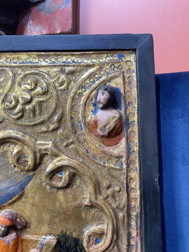 Painted, gilded and stuccoed cassone side panel, Tuscany 15th century  - Renaissance